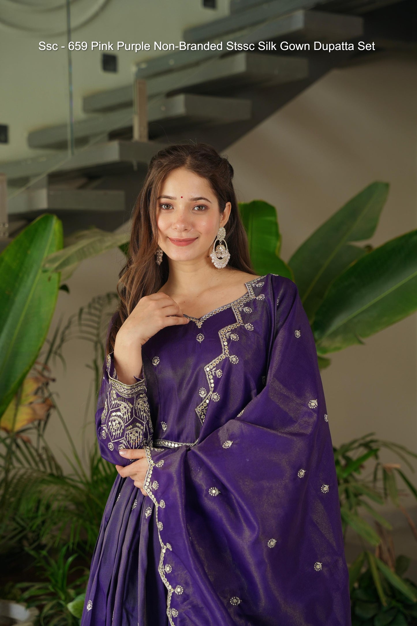 Ssc - 659 Pink Purple Non-Branded Stssc Silk Gown Dupatta Set