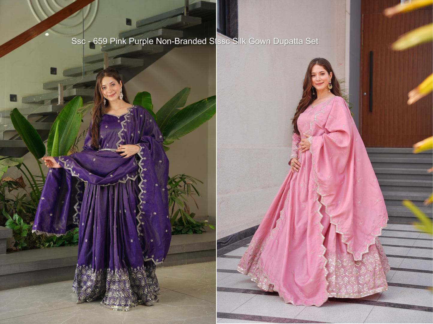 Ssc - 659 Pink Purple Non-Branded Stssc Silk Gown Dupatta Set