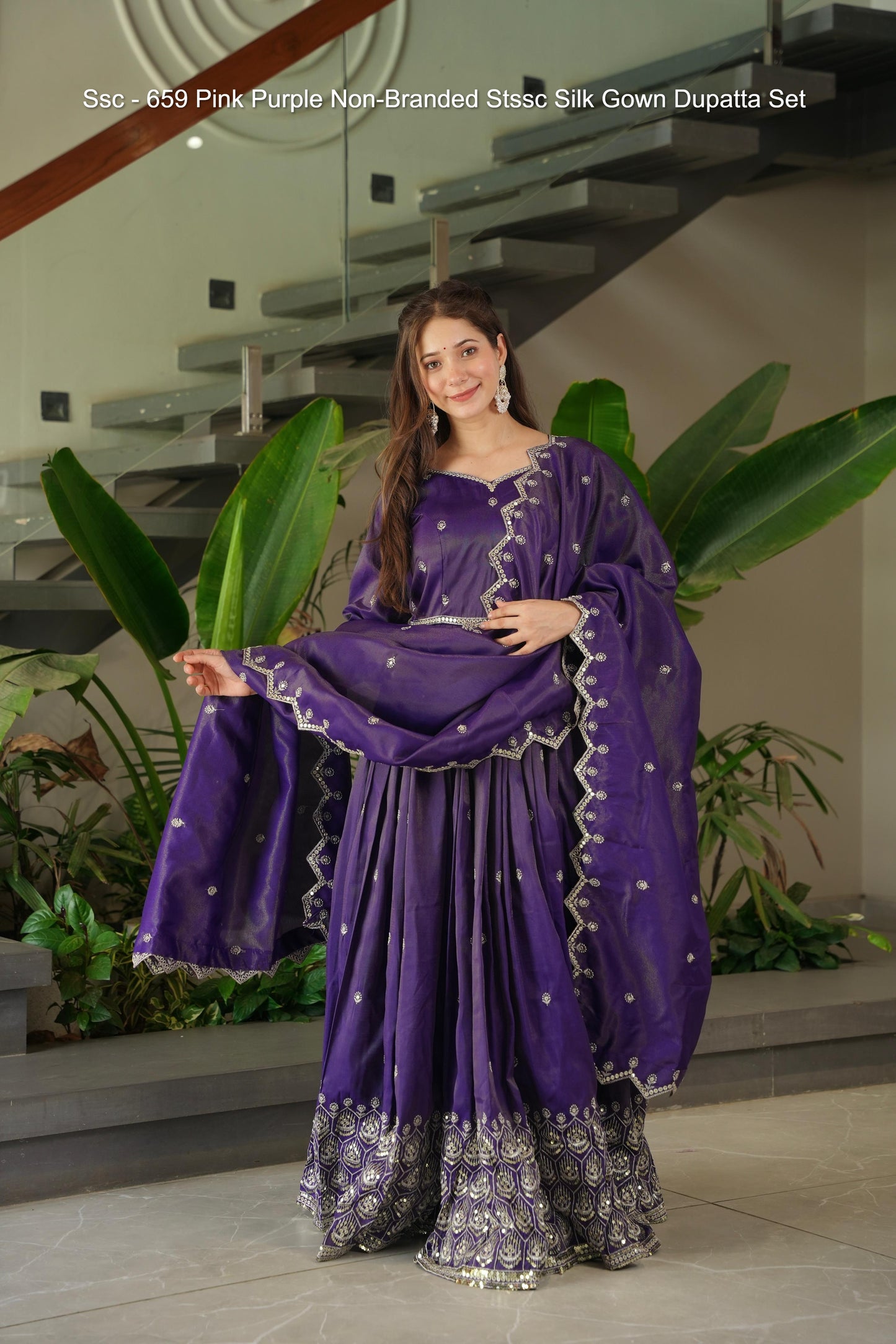 Ssc - 659 Pink Purple Non-Branded Stssc Silk Gown Dupatta Set