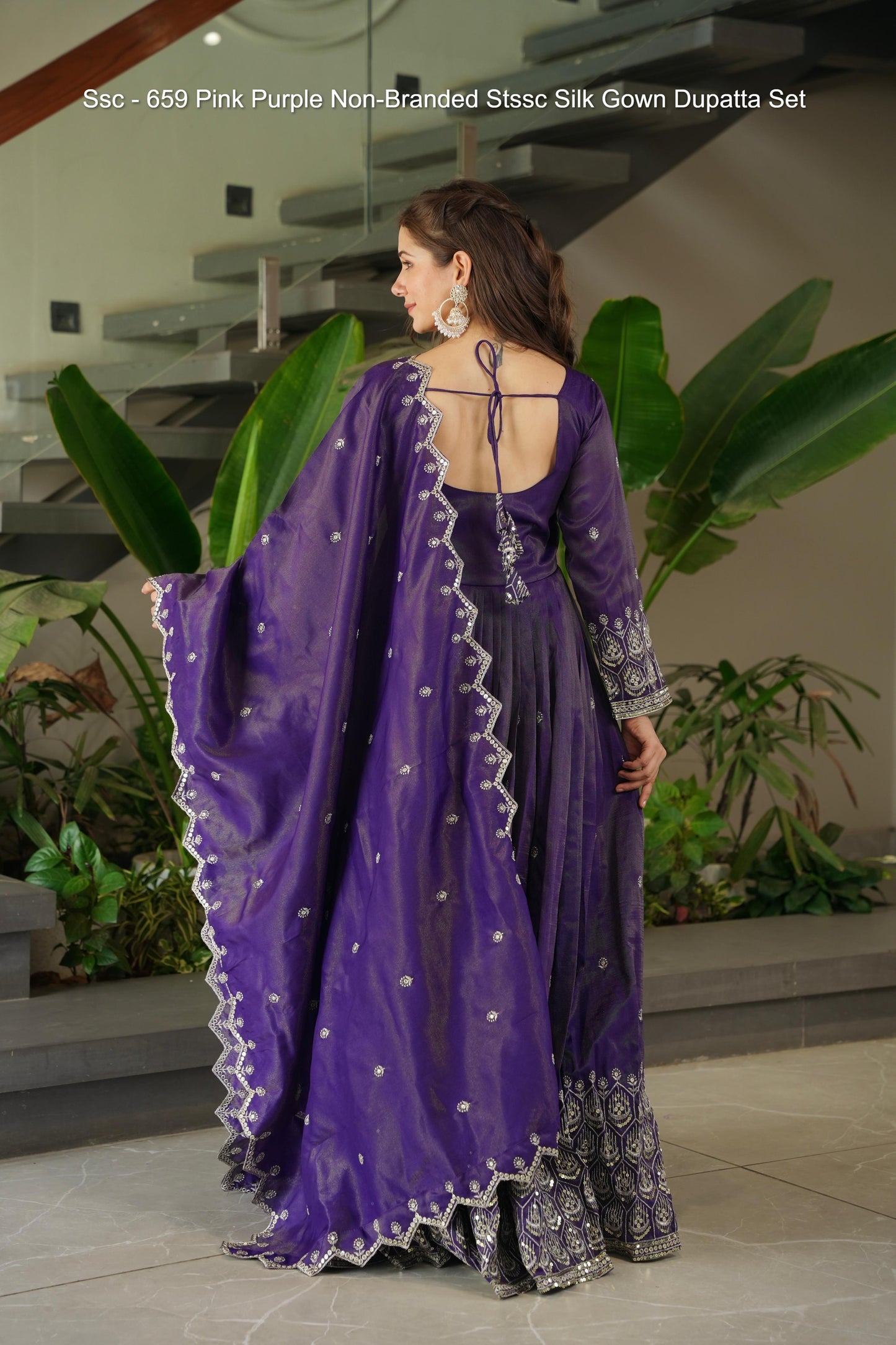Ssc - 659 Pink Purple Non-Branded Stssc Silk Gown Dupatta Set