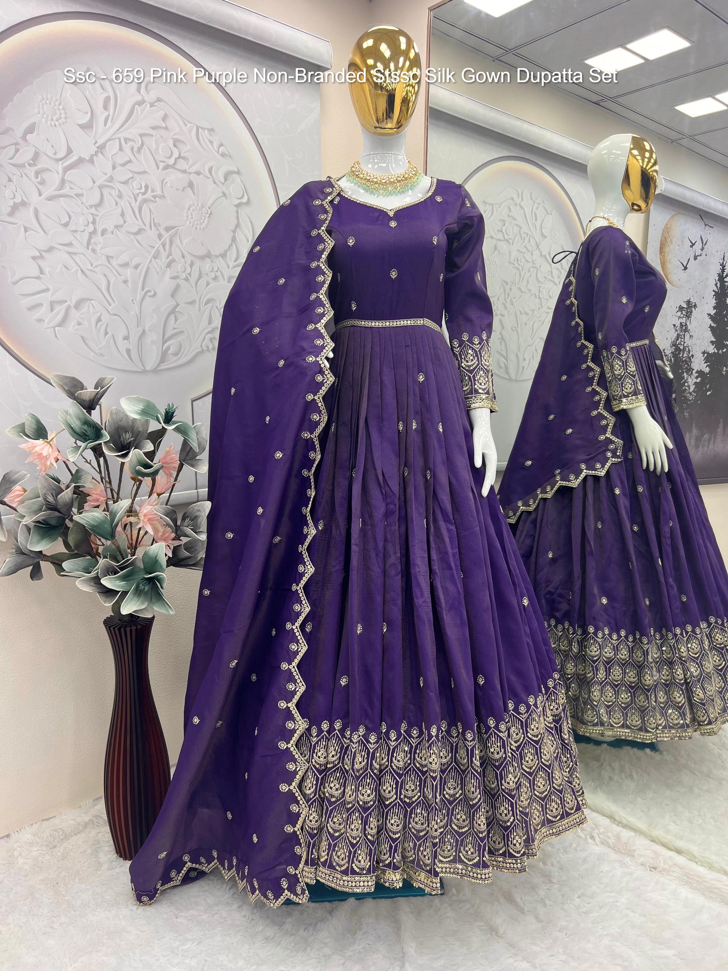 Ssc - 659 Pink Purple Non-Branded Stssc Silk Gown Dupatta Set