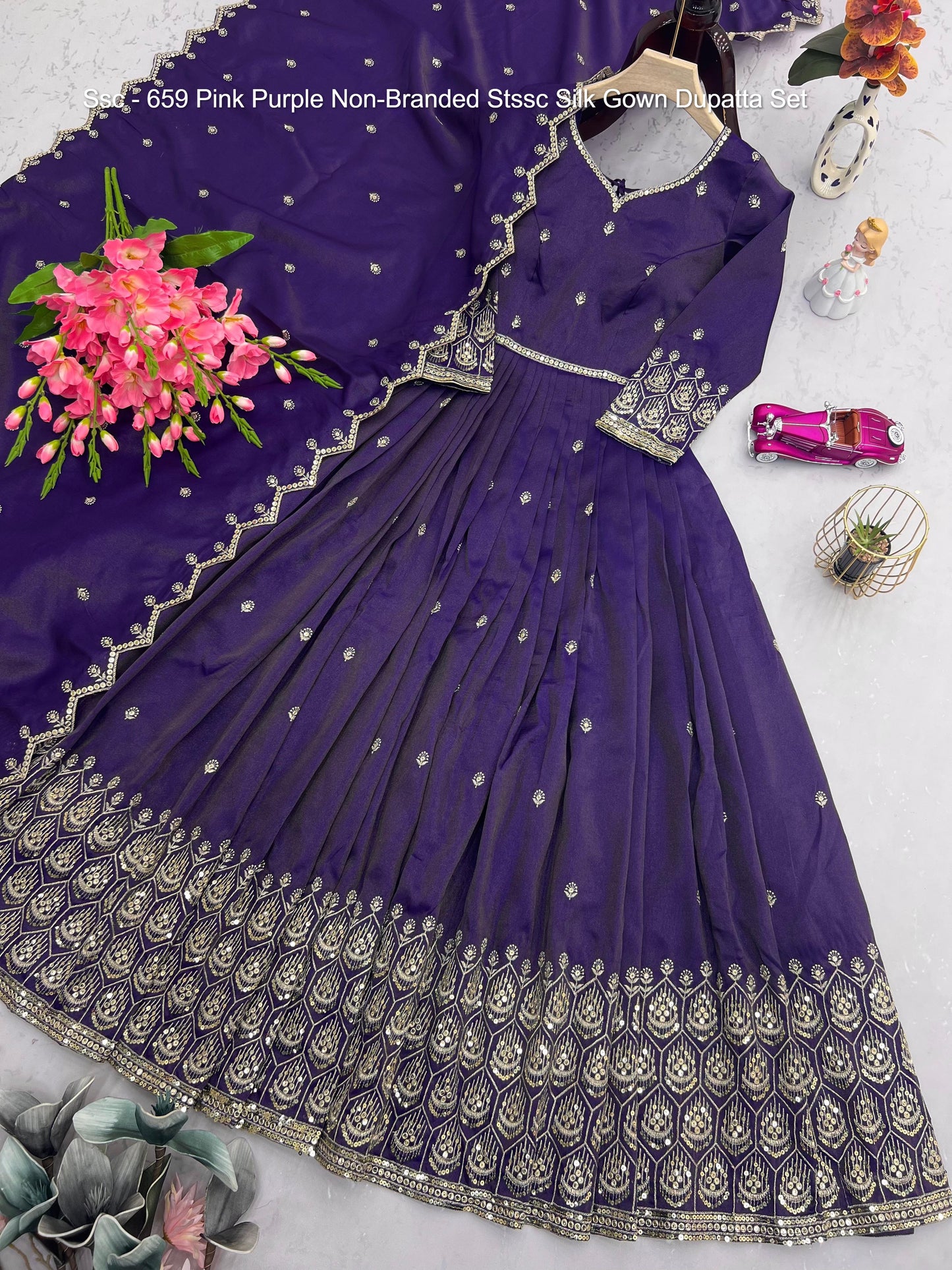 Ssc - 659 Pink Purple Non-Branded Stssc Silk Gown Dupatta Set