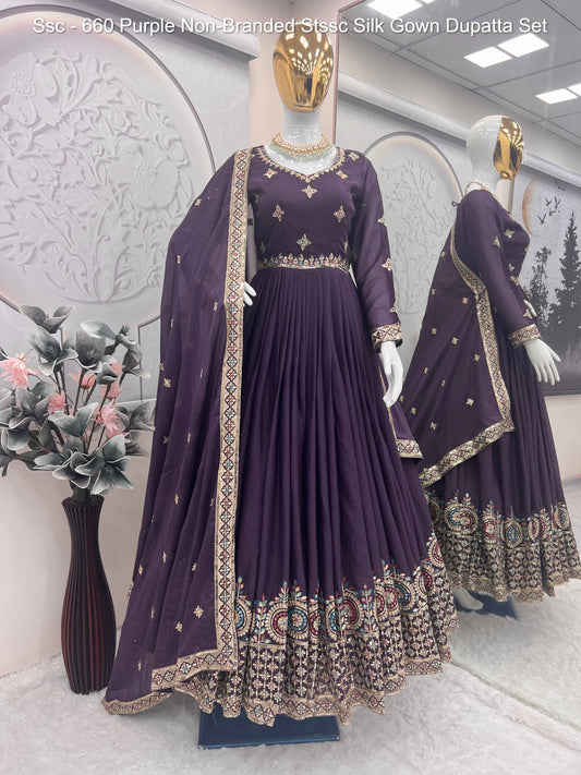 Ssc - 660 Purple Non-Branded Stssc Silk Gown Dupatta Set