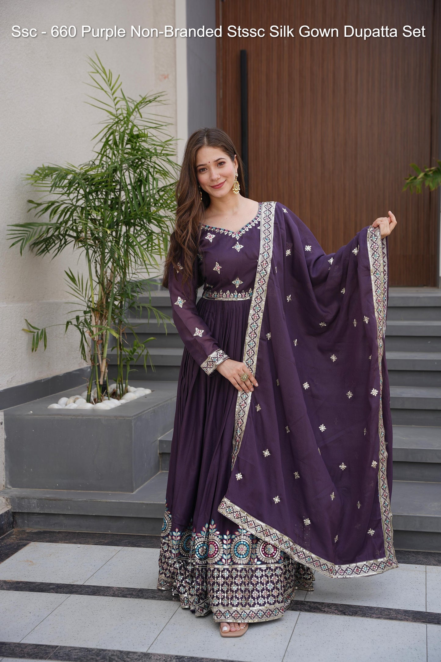 Ssc - 660 Purple Non-Branded Stssc Silk Gown Dupatta Set