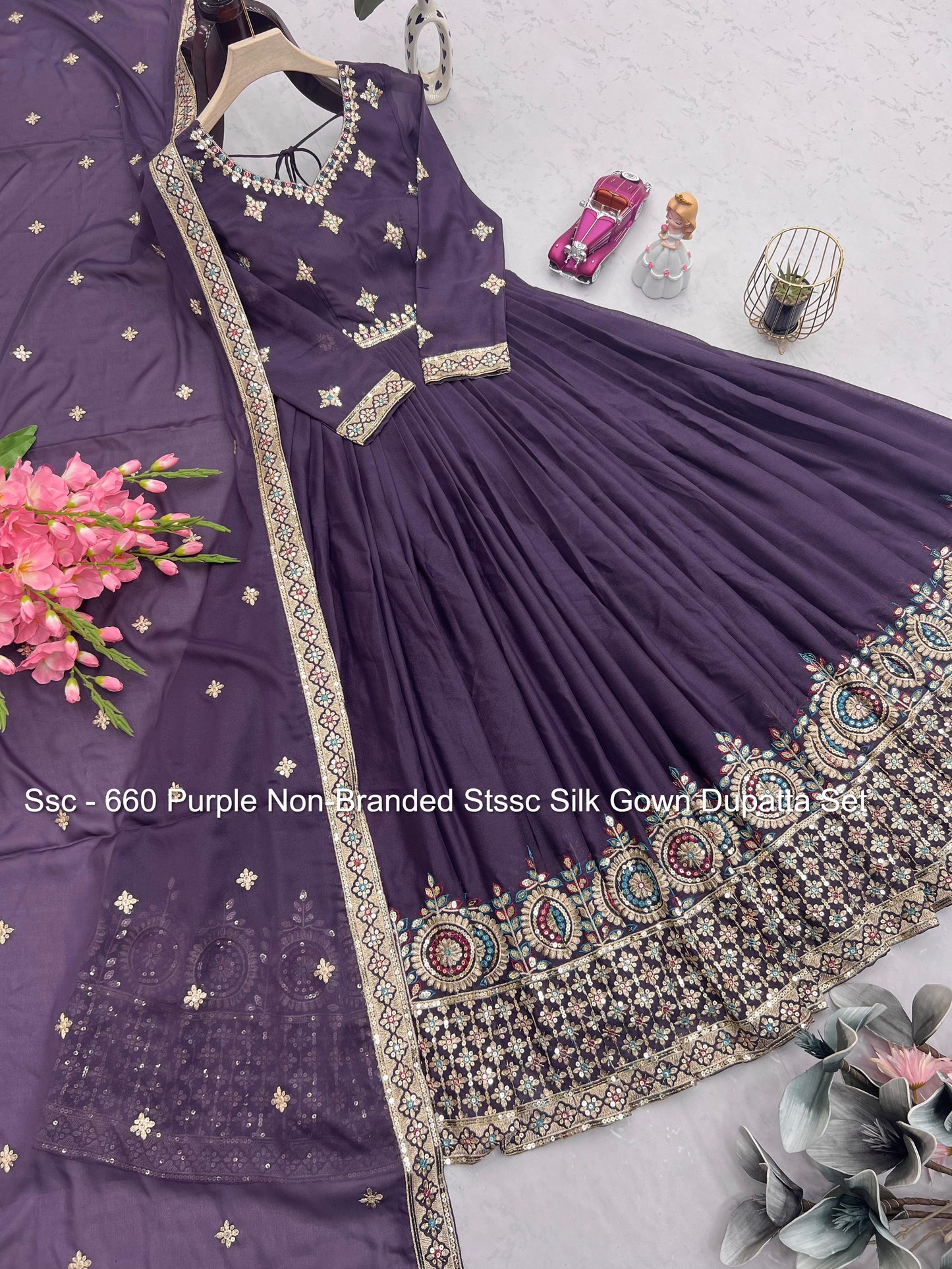 Ssc - 660 Purple Non-Branded Stssc Silk Gown Dupatta Set