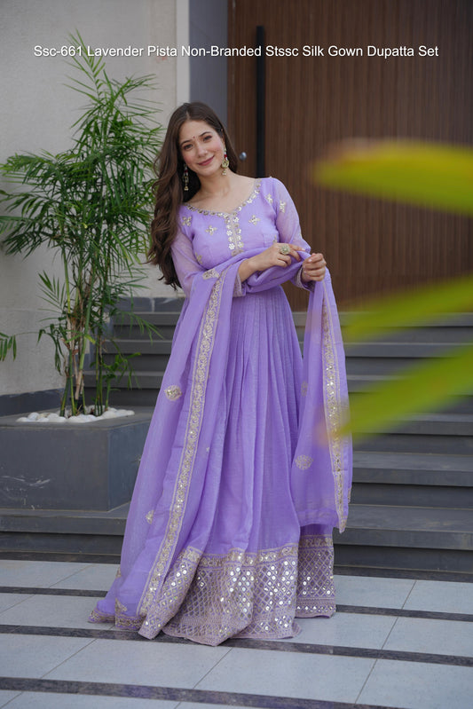 Ssc-661 Lavender Pista Non-Branded Stssc Silk Gown Dupatta Set