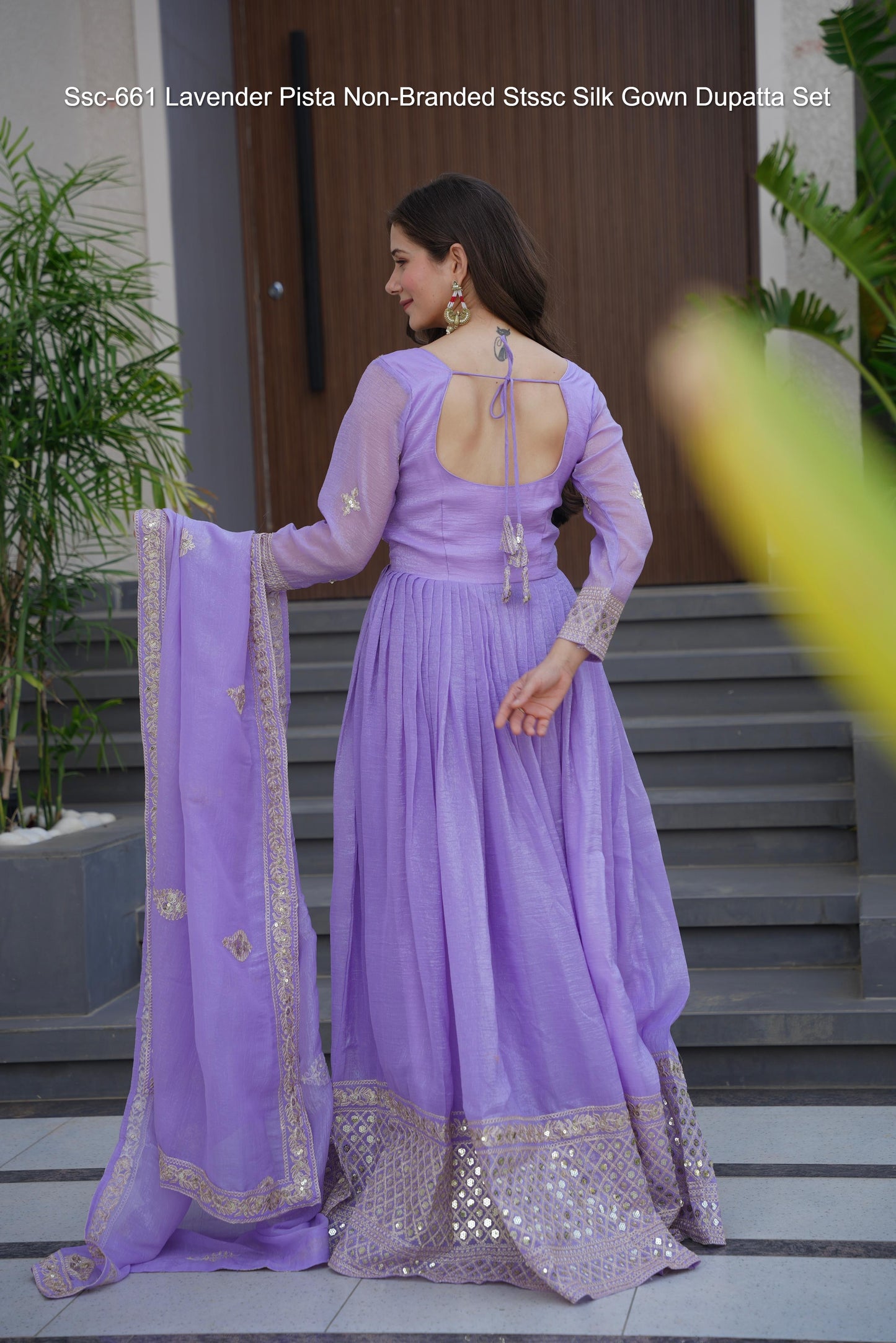 Ssc-661 Lavender Pista Non-Branded Stssc Silk Gown Dupatta Set