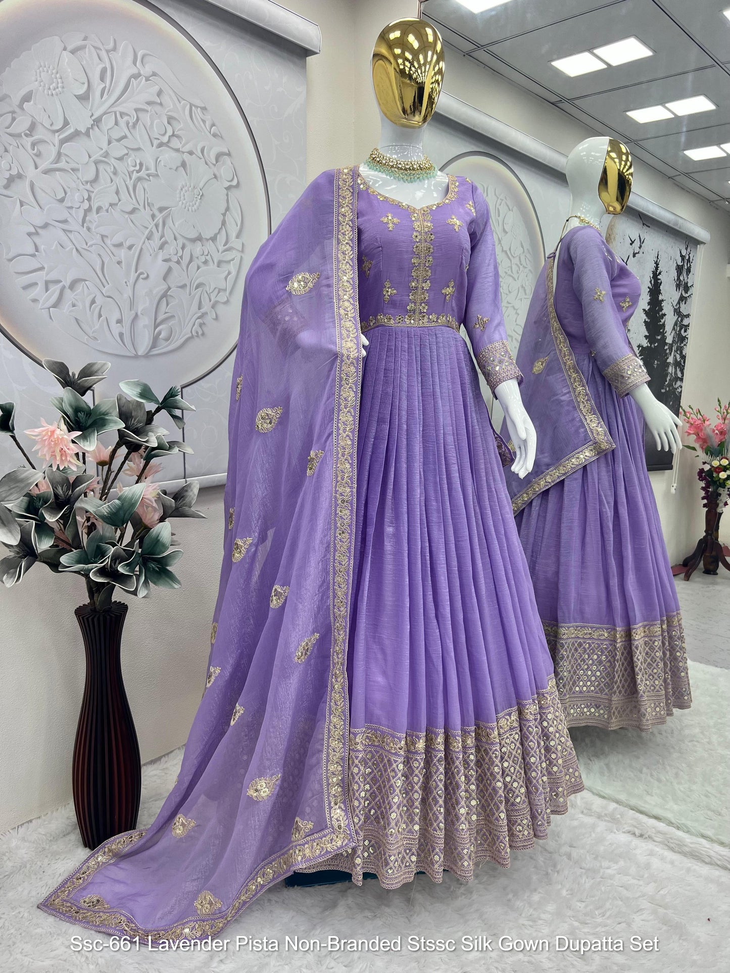 Ssc-661 Lavender Pista Non-Branded Stssc Silk Gown Dupatta Set