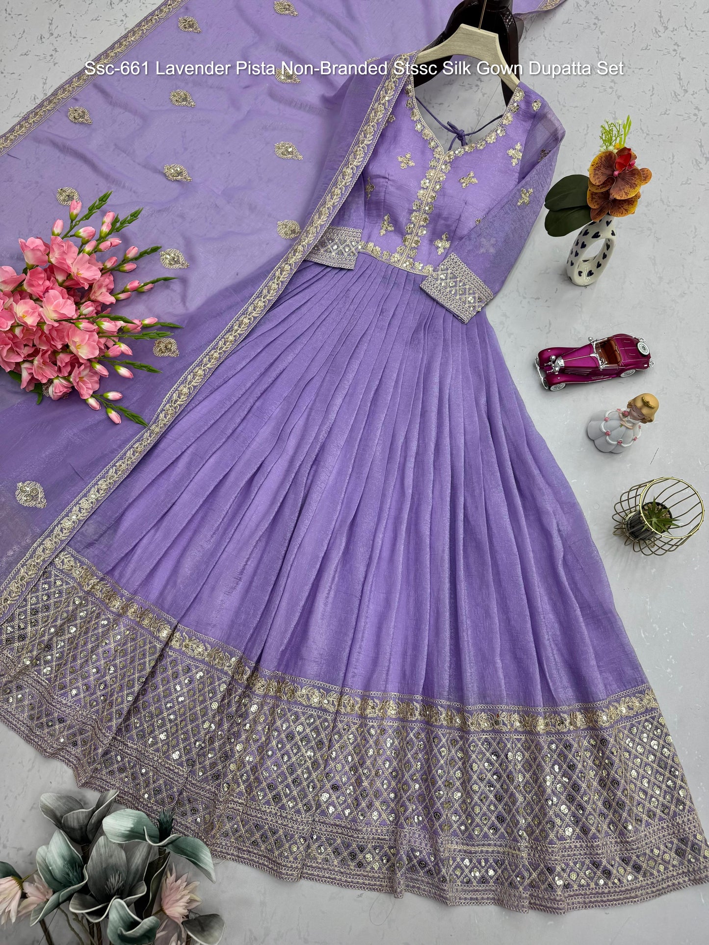 Ssc-661 Lavender Pista Non-Branded Stssc Silk Gown Dupatta Set