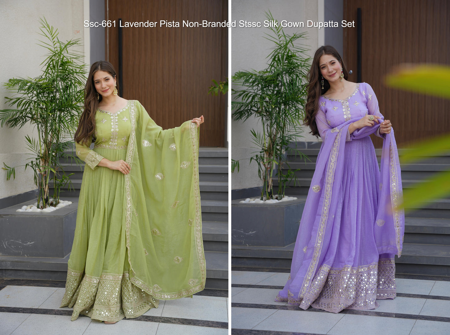 Ssc-661 Lavender Pista Non-Branded Stssc Silk Gown Dupatta Set