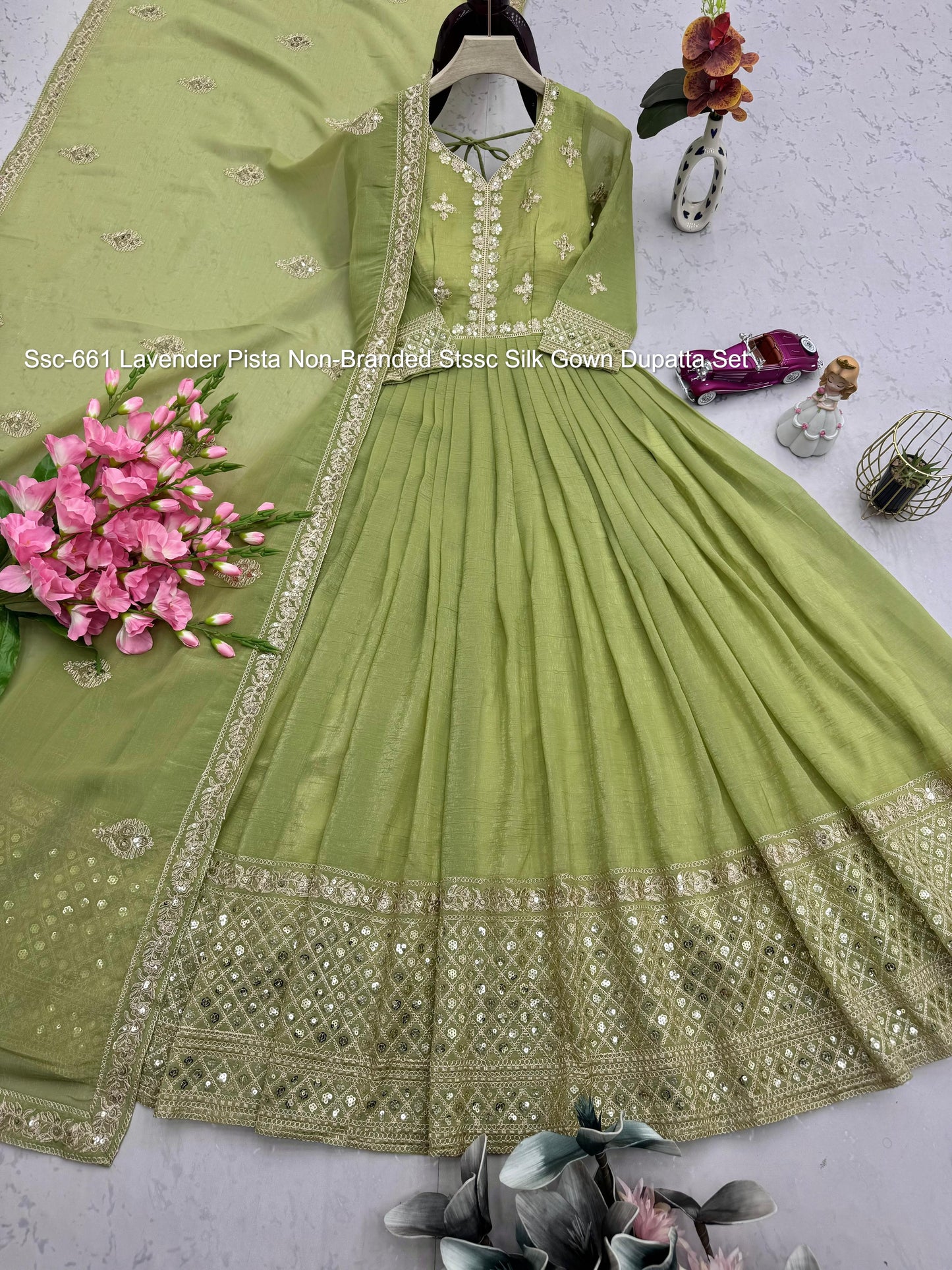 Ssc-661 Lavender Pista Non-Branded Stssc Silk Gown Dupatta Set