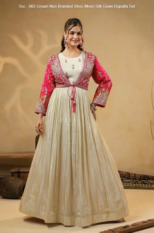 Ssc - 665 Cream Non-Branded Stssc Mono Silk Gown Dupatta Set