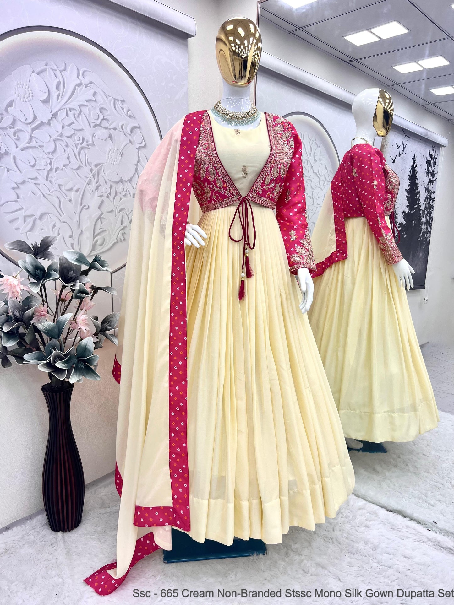 Ssc - 665 Cream Non-Branded Stssc Mono Silk Gown Dupatta Set