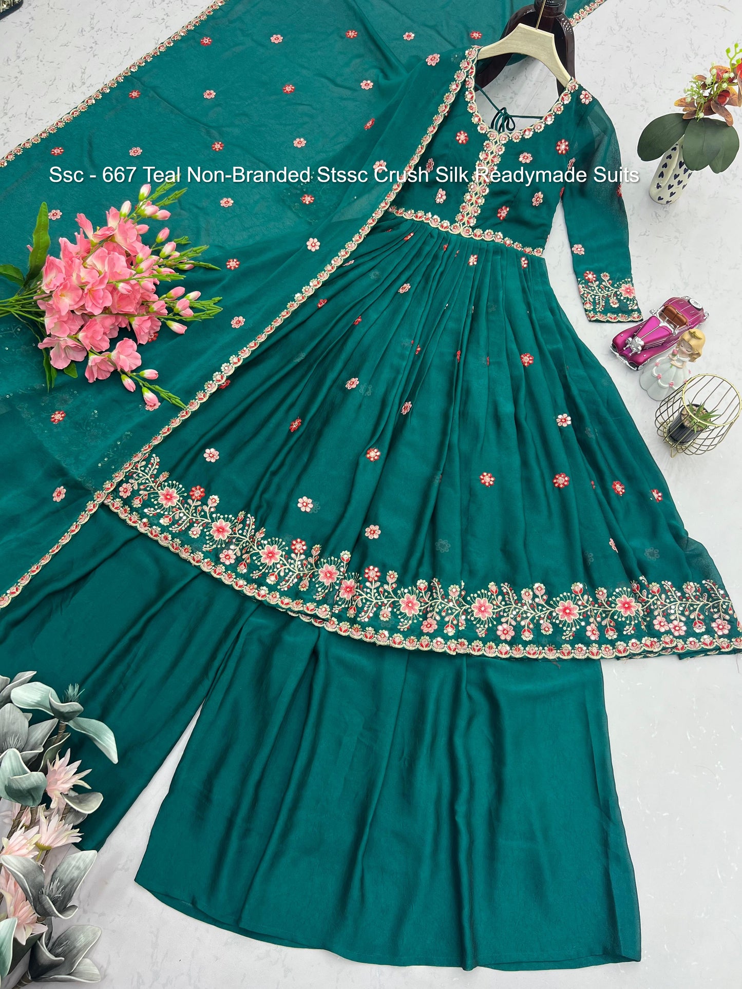 Ssc - 667 Teal Non-Branded Stssc Crush Silk Readymade Suits