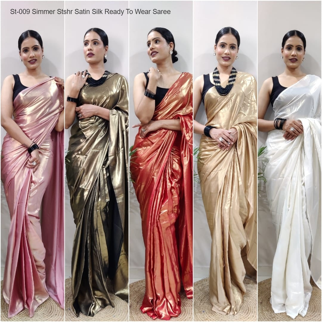 St-009 Simmer Stshr Satin Silk Ready To Wear Saree