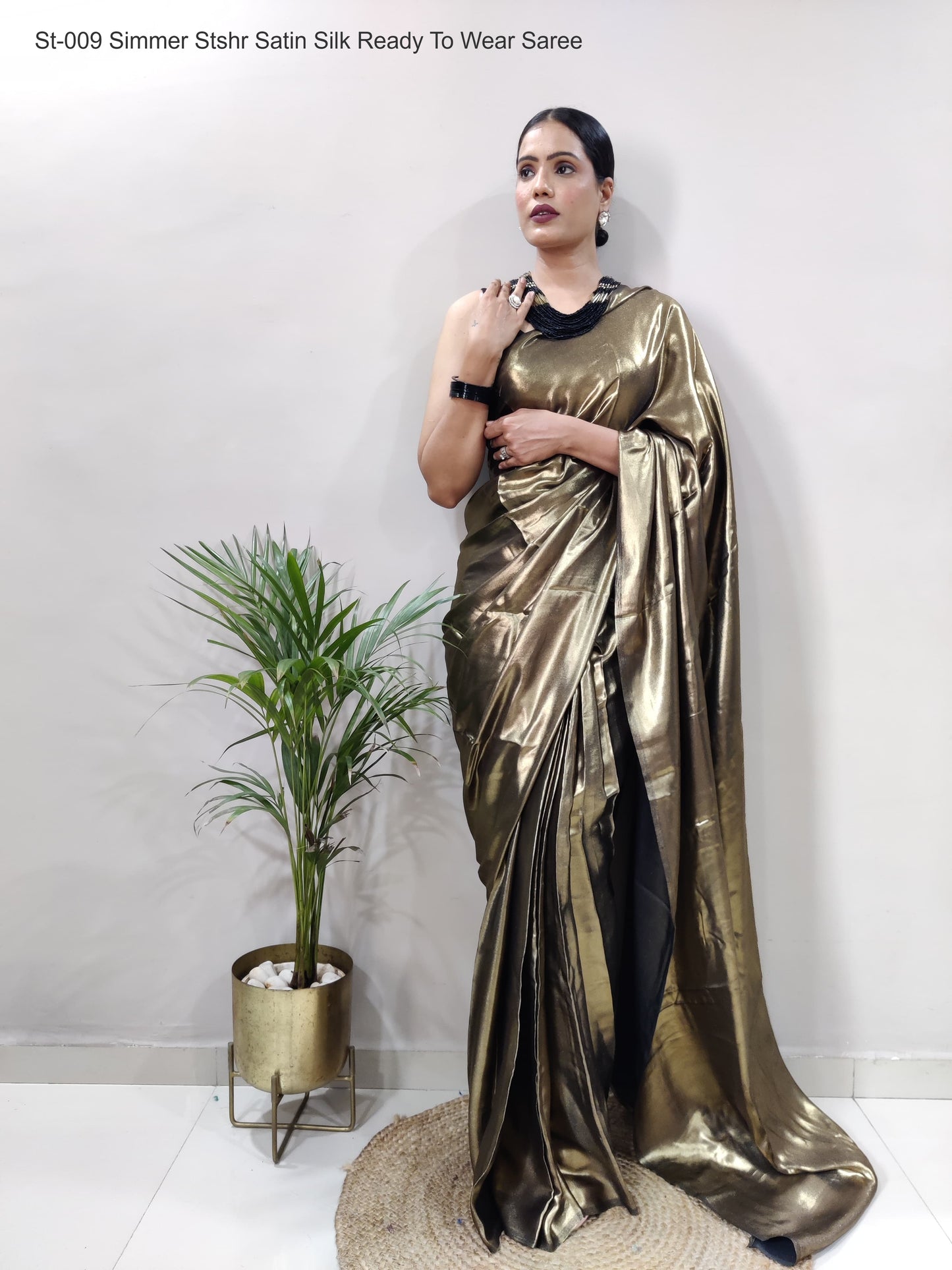 St-009 Simmer Stshr Satin Silk Ready To Wear Saree