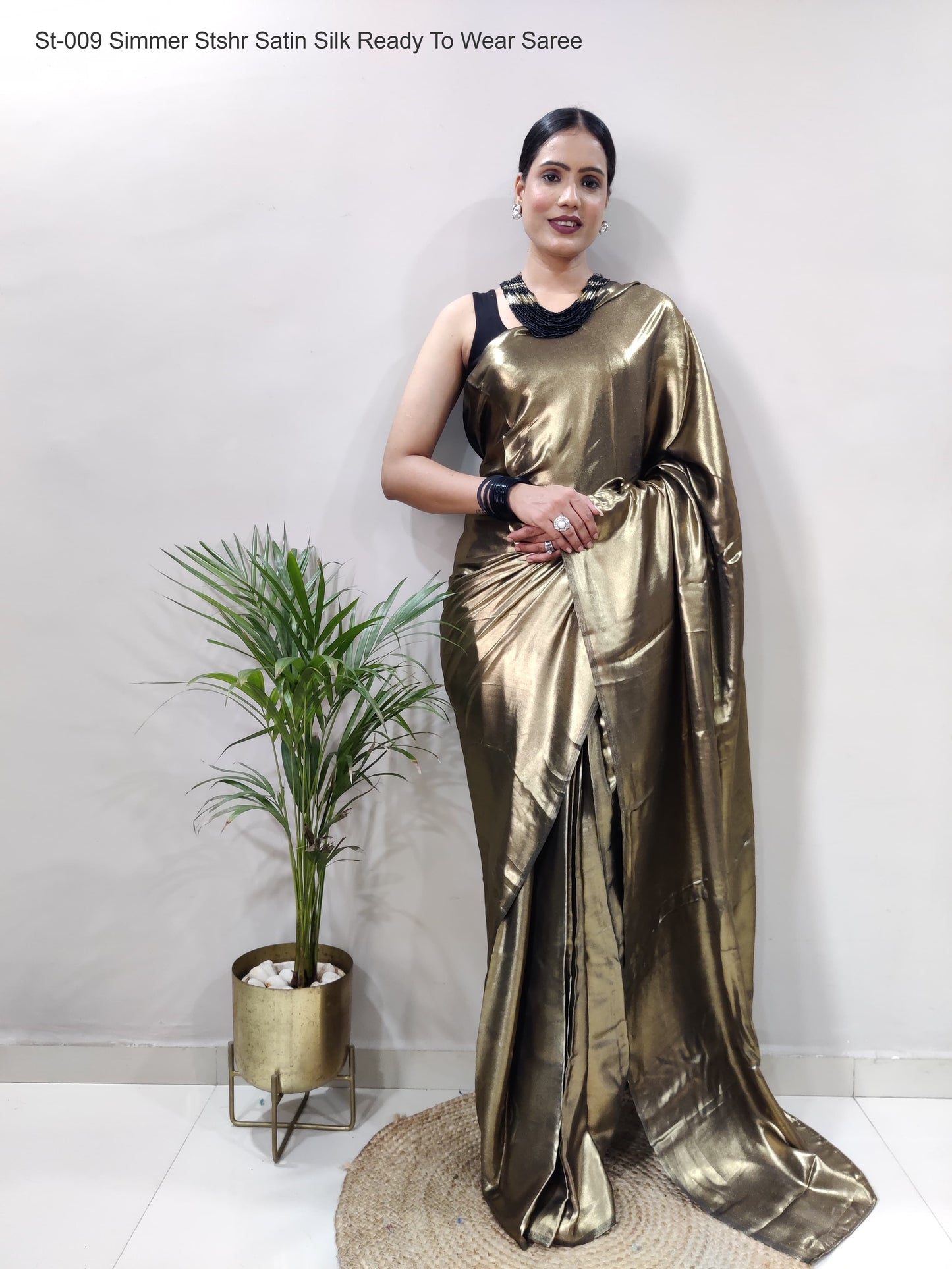 St-009 Simmer Stshr Satin Silk Ready To Wear Saree
