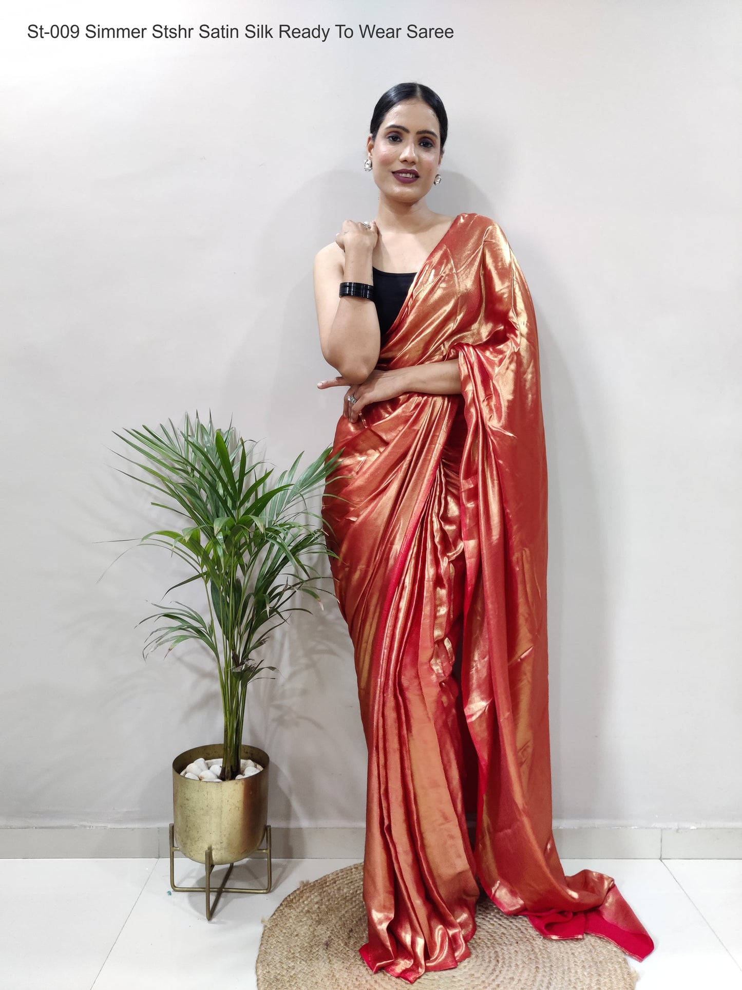 St-009 Simmer Stshr Satin Silk Ready To Wear Saree