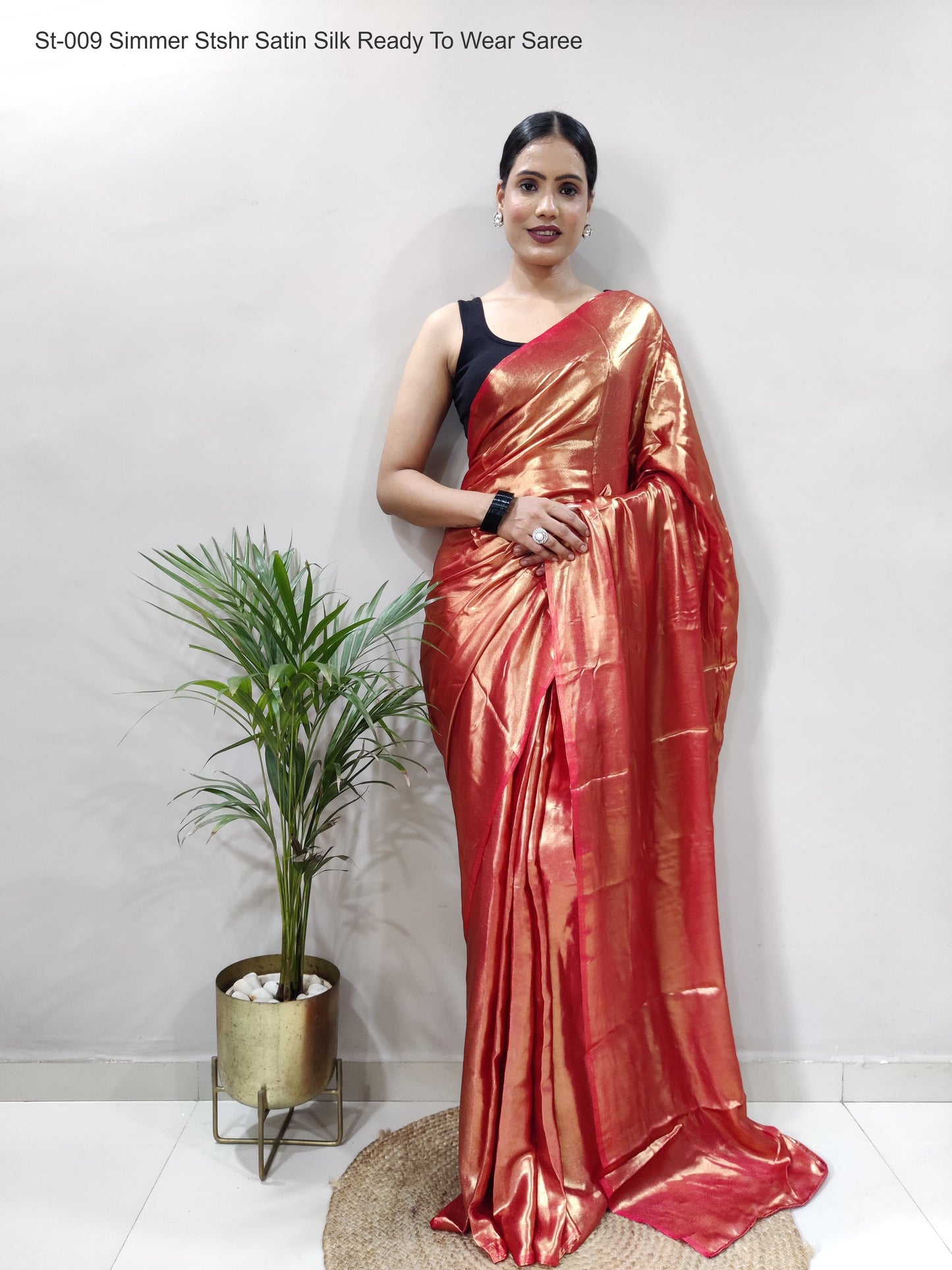 St-009 Simmer Stshr Satin Silk Ready To Wear Saree
