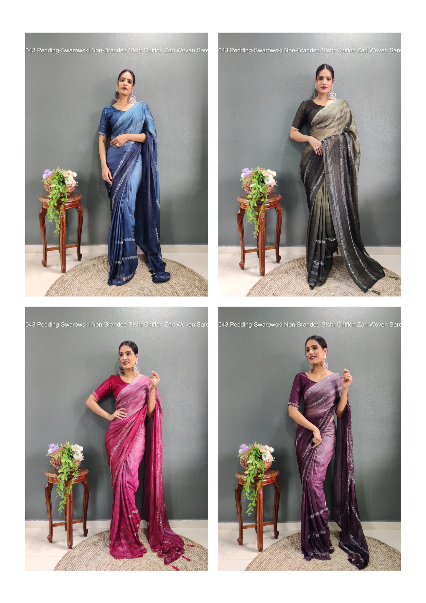 St-043 Pedding-Swarowski Non-Branded Stshr Chiffon Zari Woven Sarees