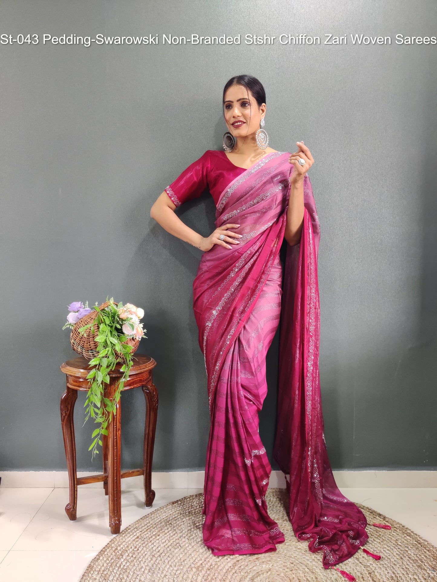 St-043 Pedding-Swarowski Non-Branded Stshr Chiffon Zari Woven Sarees