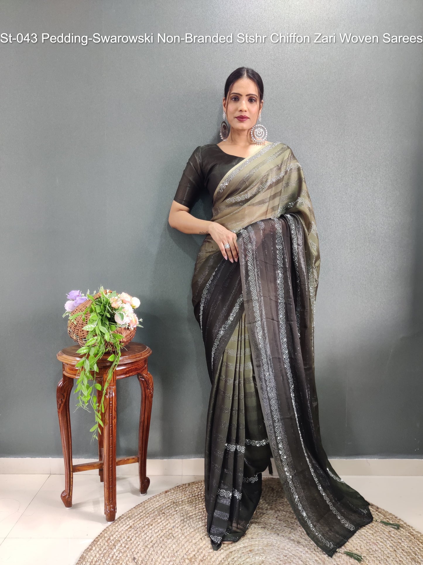St-043 Pedding-Swarowski Non-Branded Stshr Chiffon Zari Woven Sarees