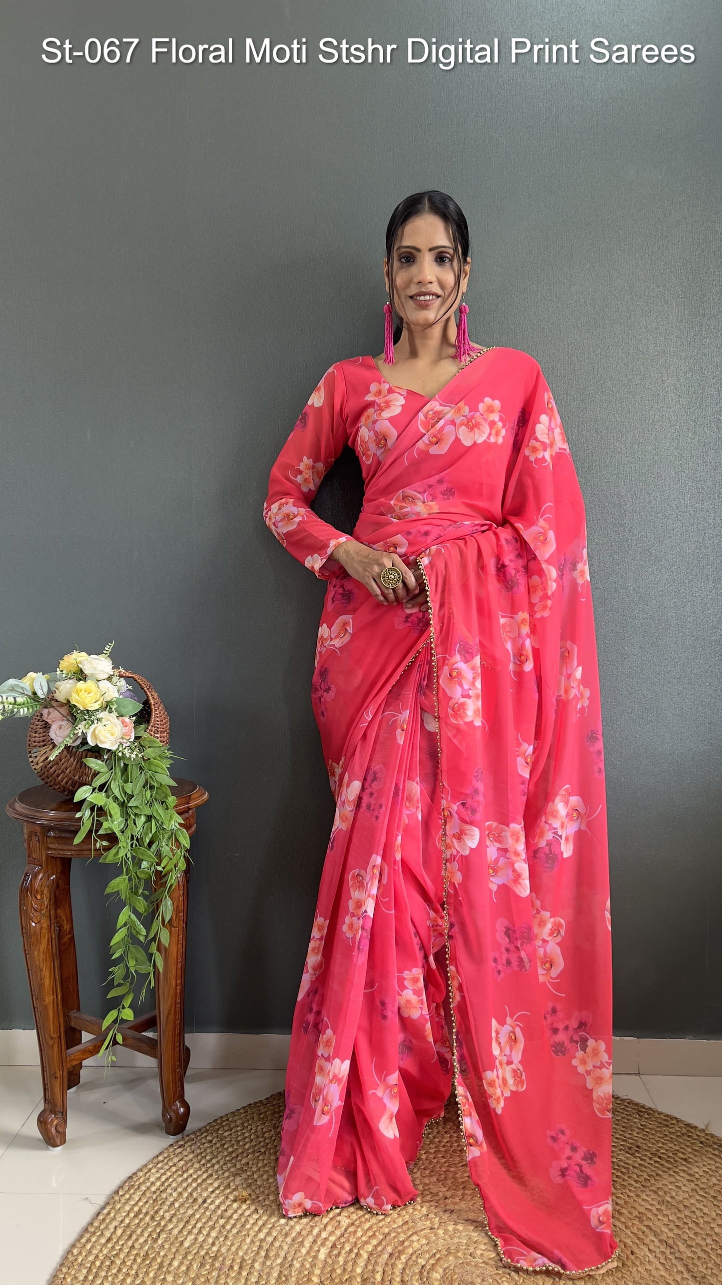 St-067 Floral Moti Stshr Digital Print Sarees