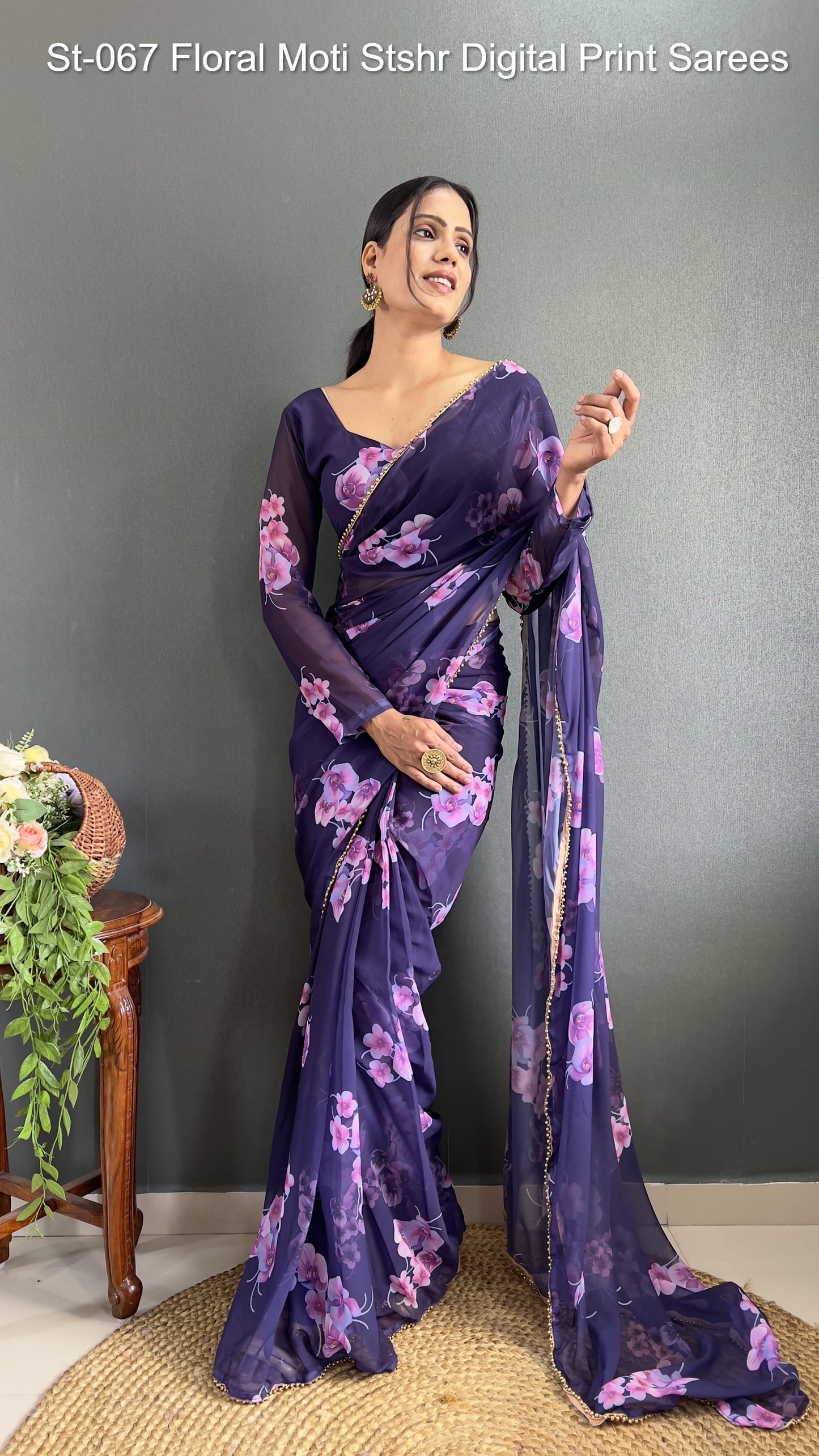 St-067 Floral Moti Stshr Digital Print Sarees