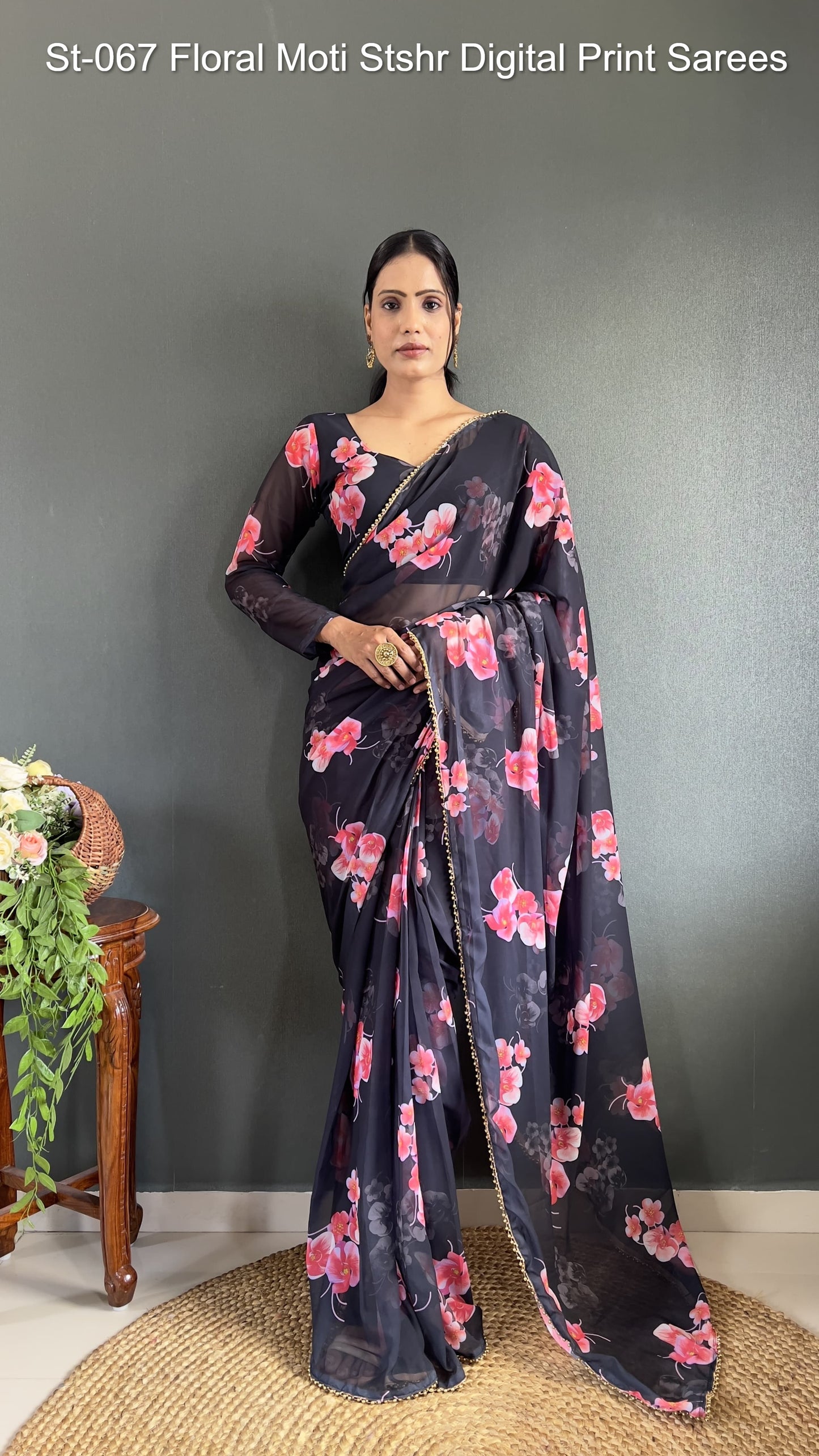 St-067 Floral Moti Stshr Digital Print Sarees