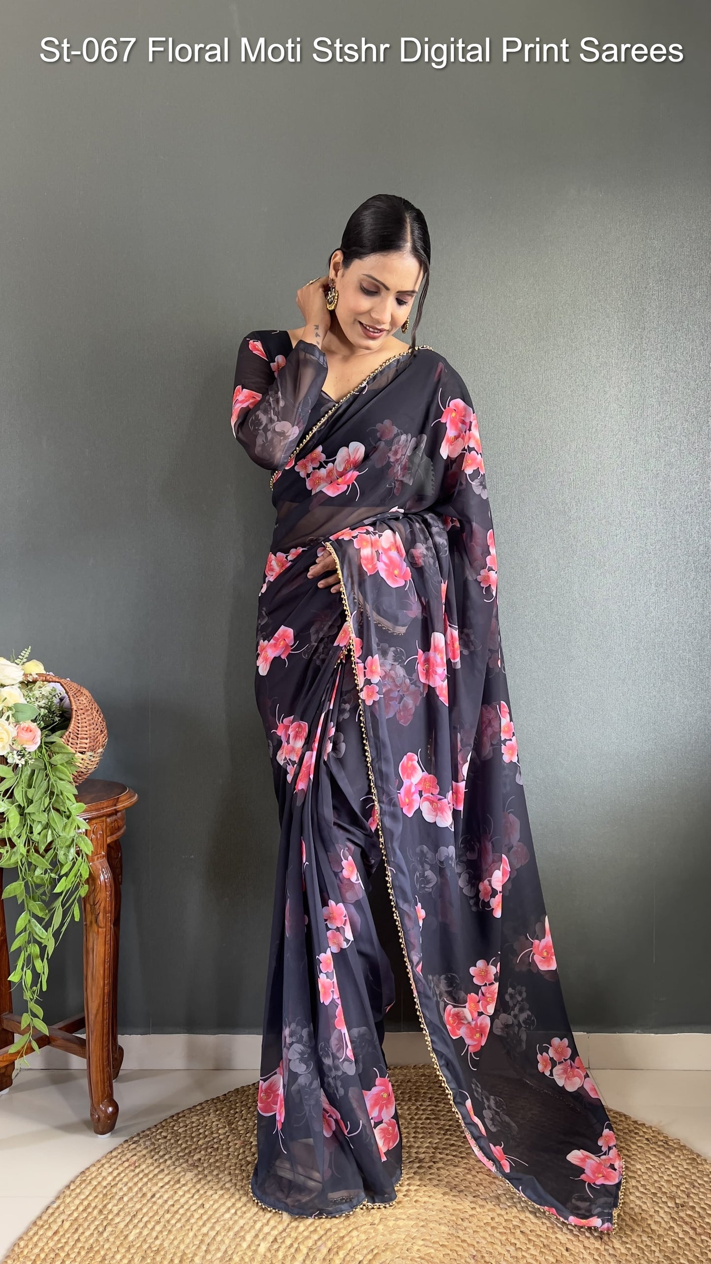 St-067 Floral Moti Stshr Digital Print Sarees