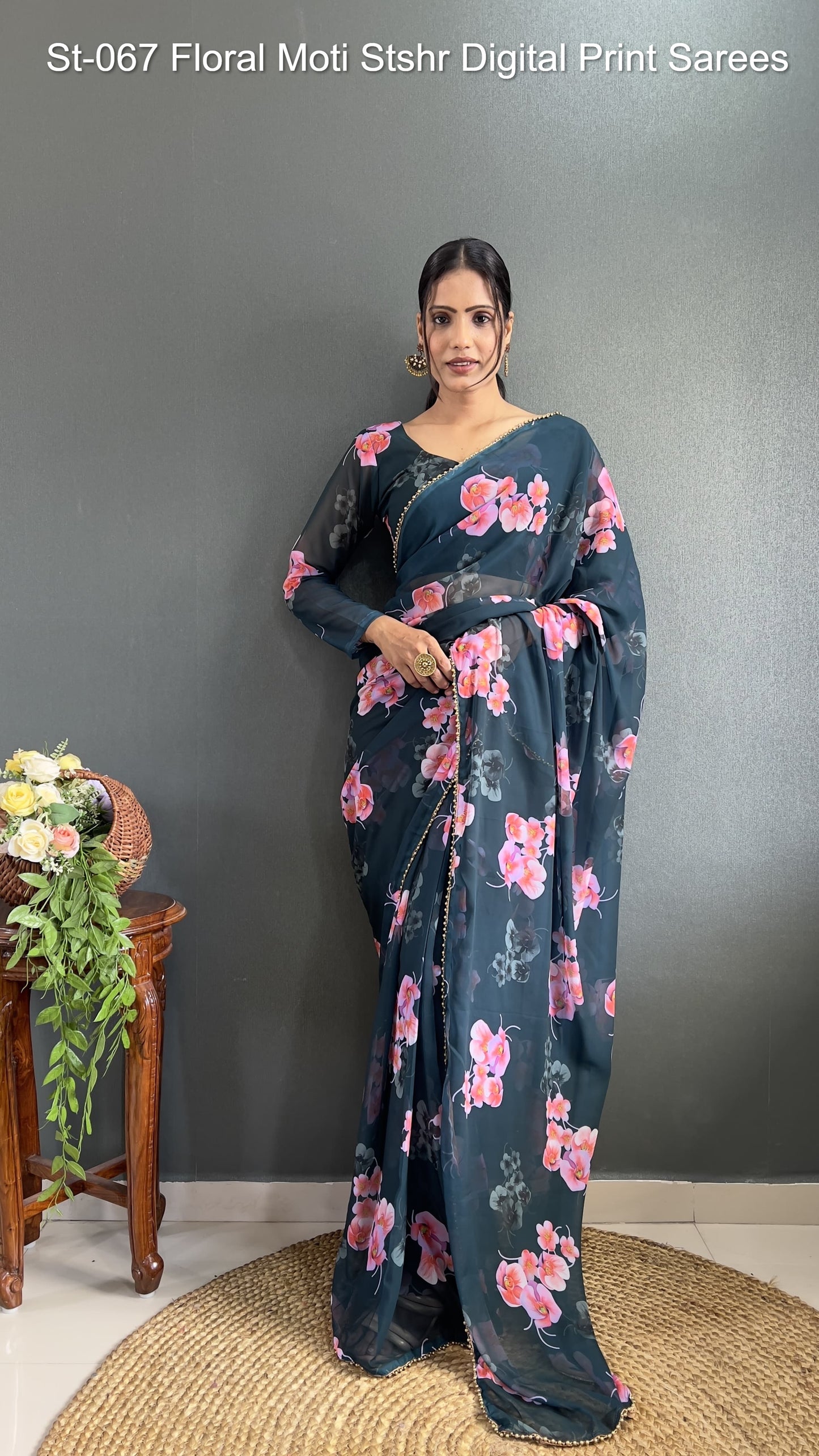 St-067 Floral Moti Stshr Digital Print Sarees