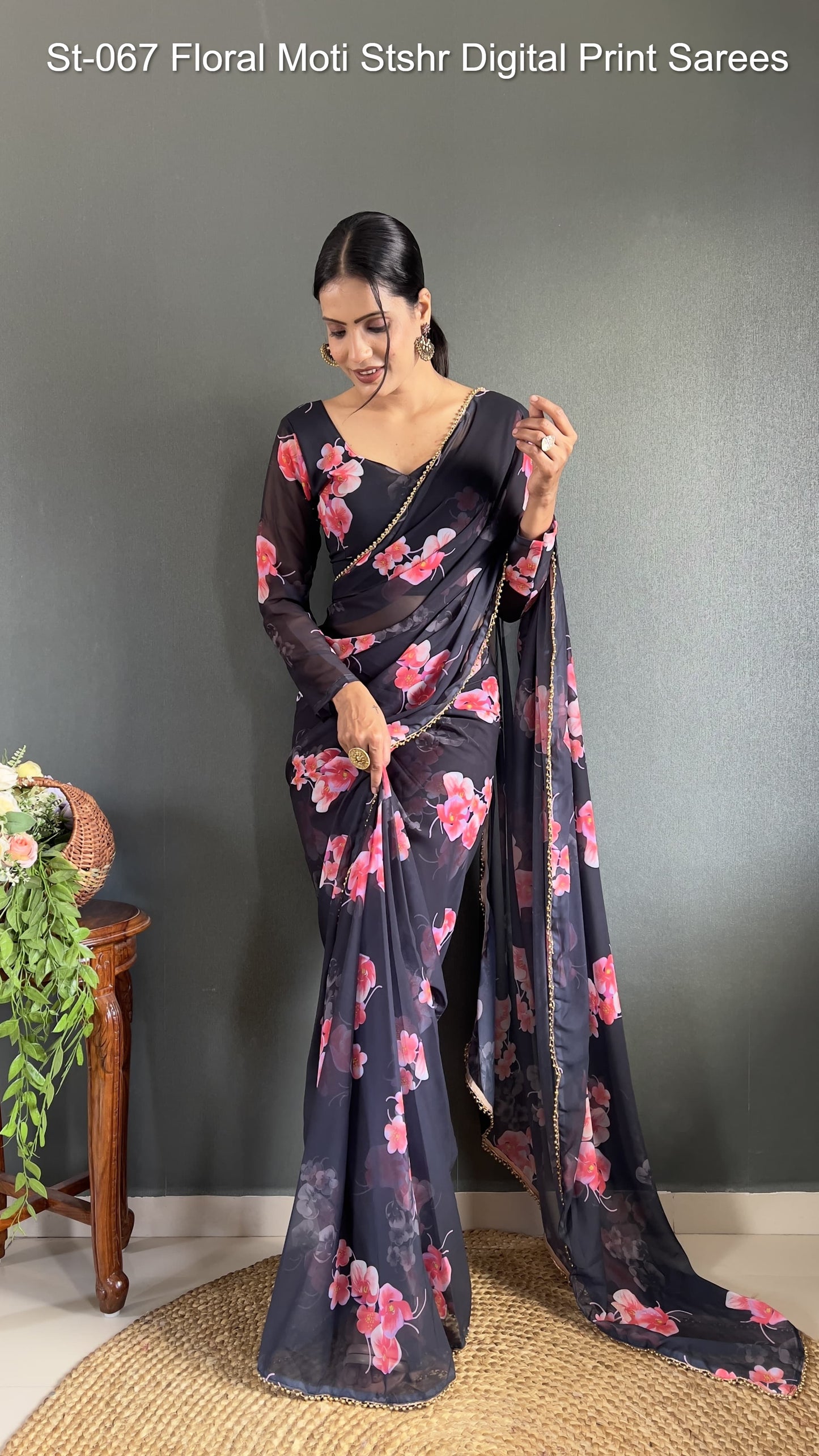 St-067 Floral Moti Stshr Digital Print Sarees