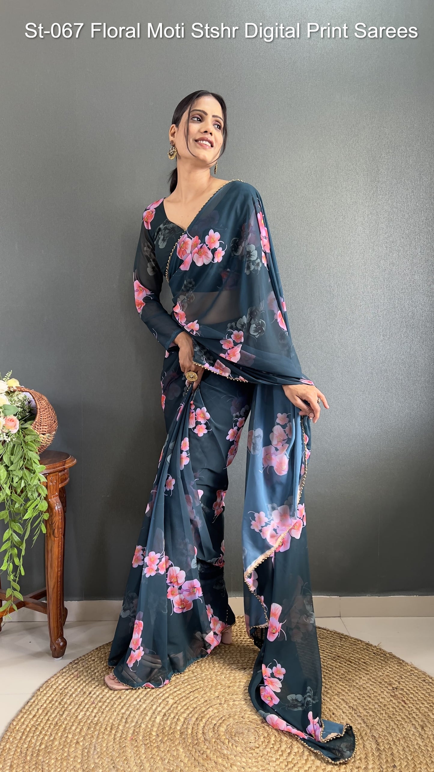 St-067 Floral Moti Stshr Digital Print Sarees