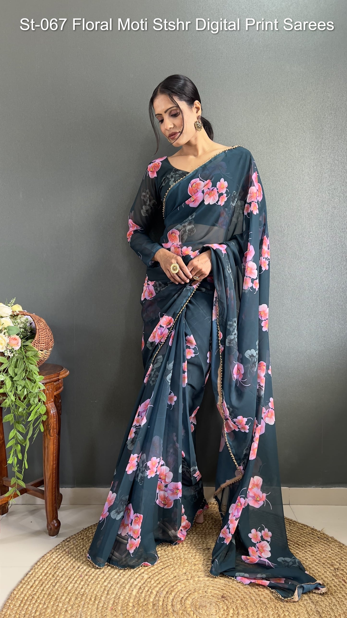 St-067 Floral Moti Stshr Digital Print Sarees