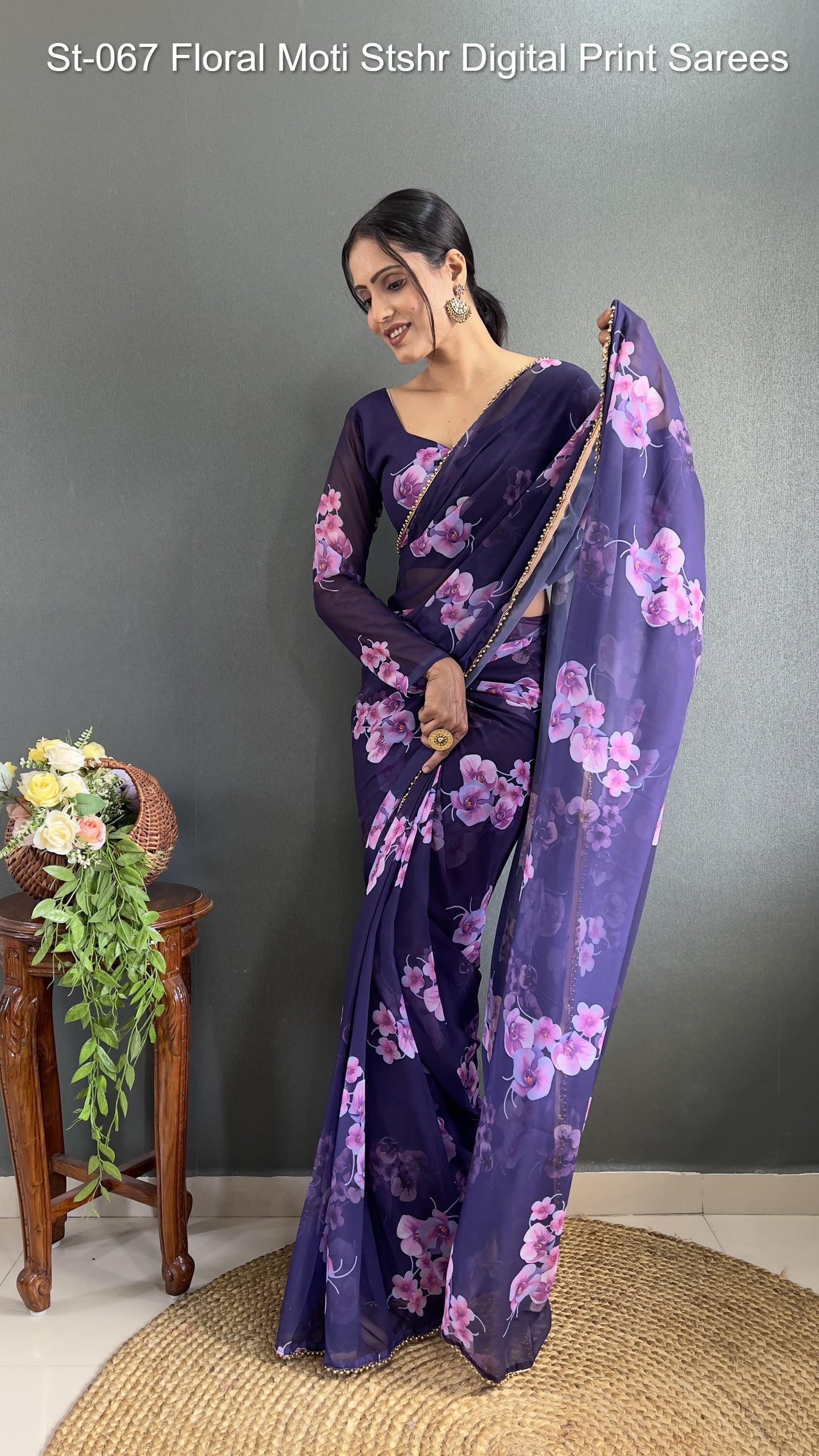 St-067 Floral Moti Stshr Digital Print Sarees