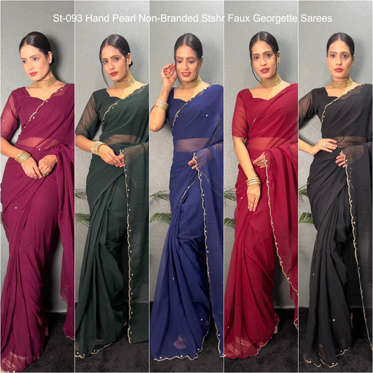 St-093 Hand Pearl Non-Branded Stshr Faux Georgette Sarees