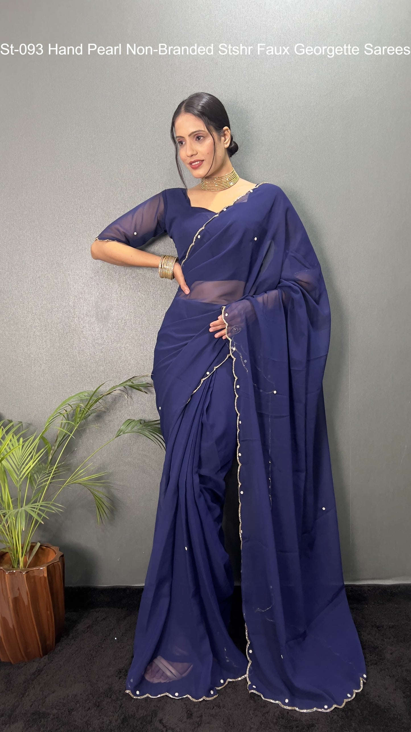 St-093 Hand Pearl Non-Branded Stshr Faux Georgette Sarees