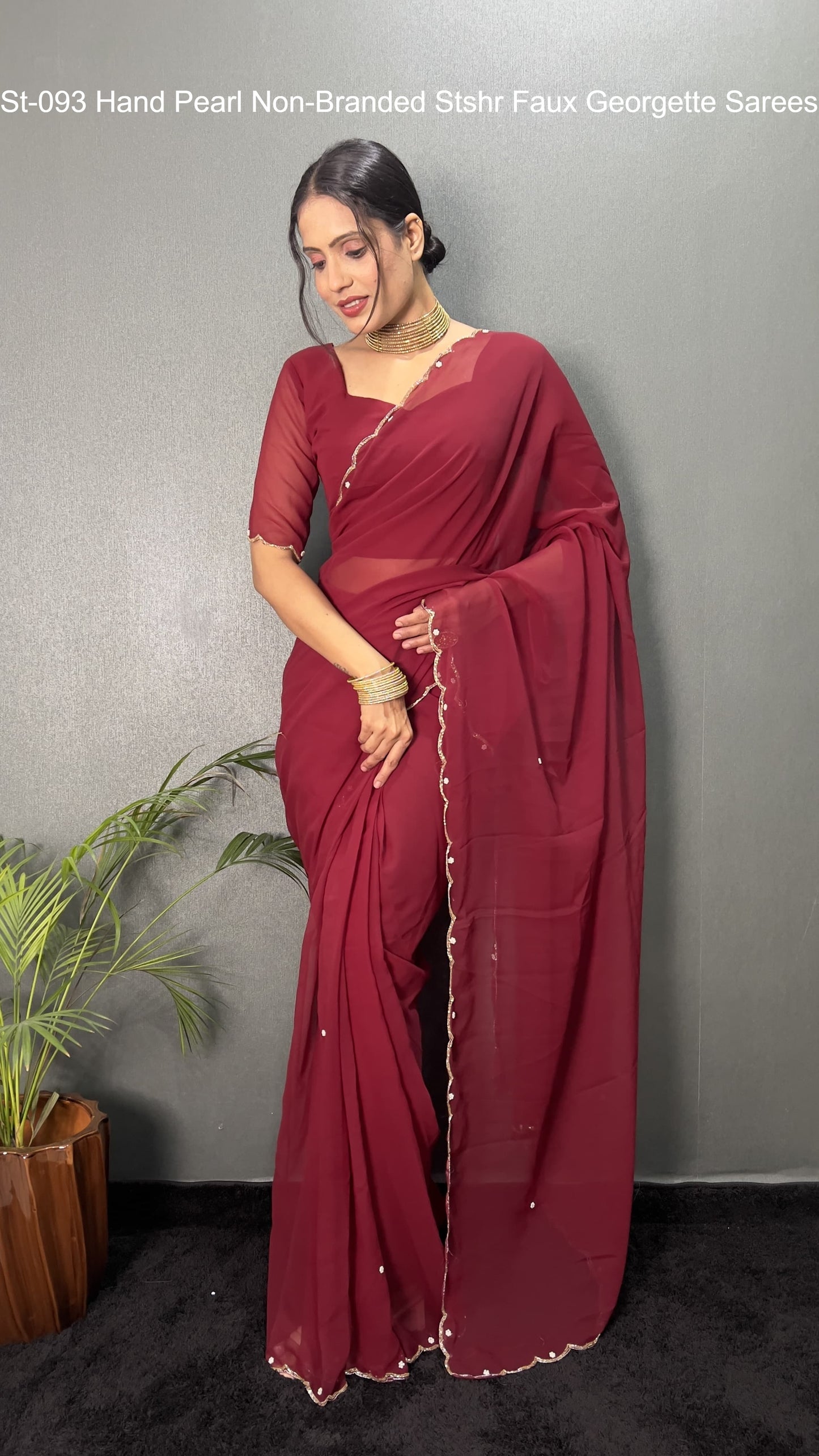 St-093 Hand Pearl Non-Branded Stshr Faux Georgette Sarees