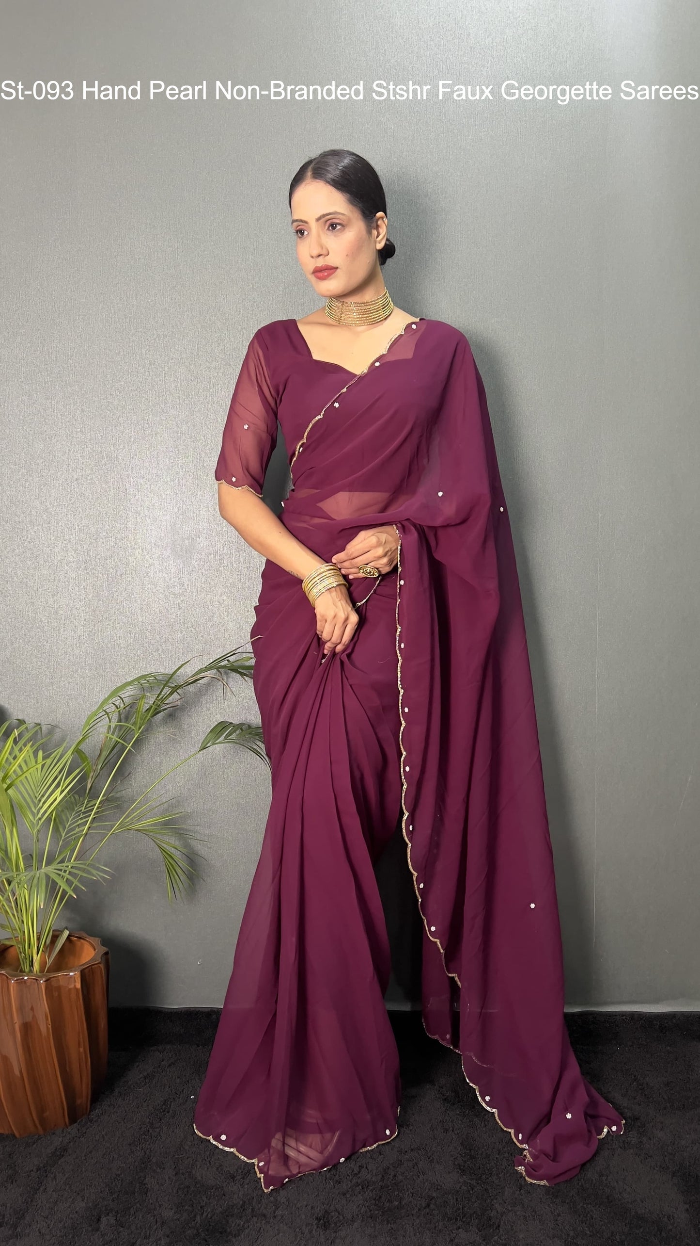 St-093 Hand Pearl Non-Branded Stshr Faux Georgette Sarees