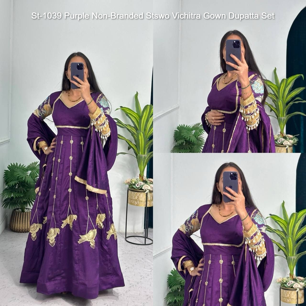 St-1039 Purple Non-Branded Stswo Vichitra Gown Dupatta Set