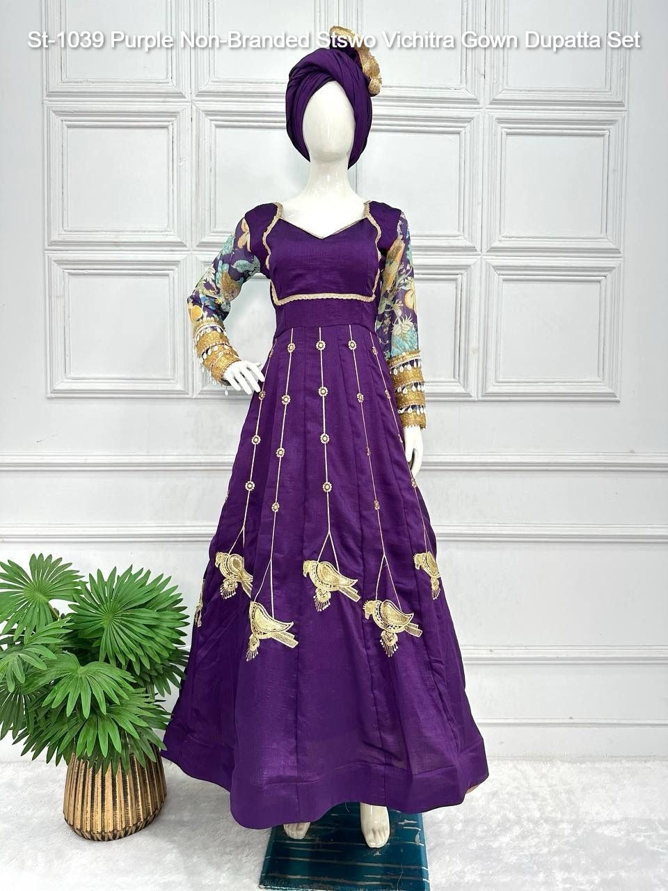 St-1039 Purple Non-Branded Stswo Vichitra Gown Dupatta Set