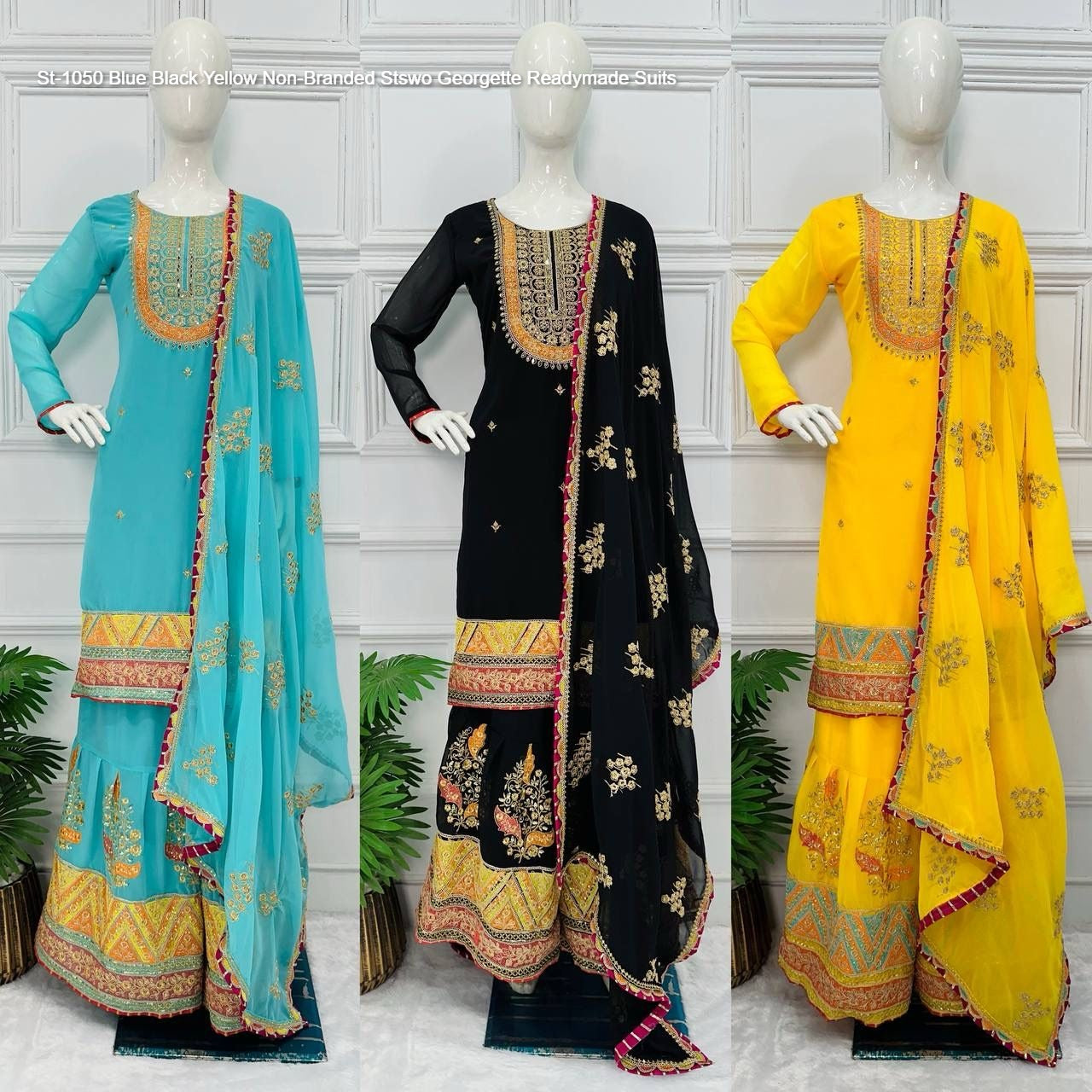 St-1050 Blue Black Yellow Non-Branded Stswo Georgette Readymade Suits