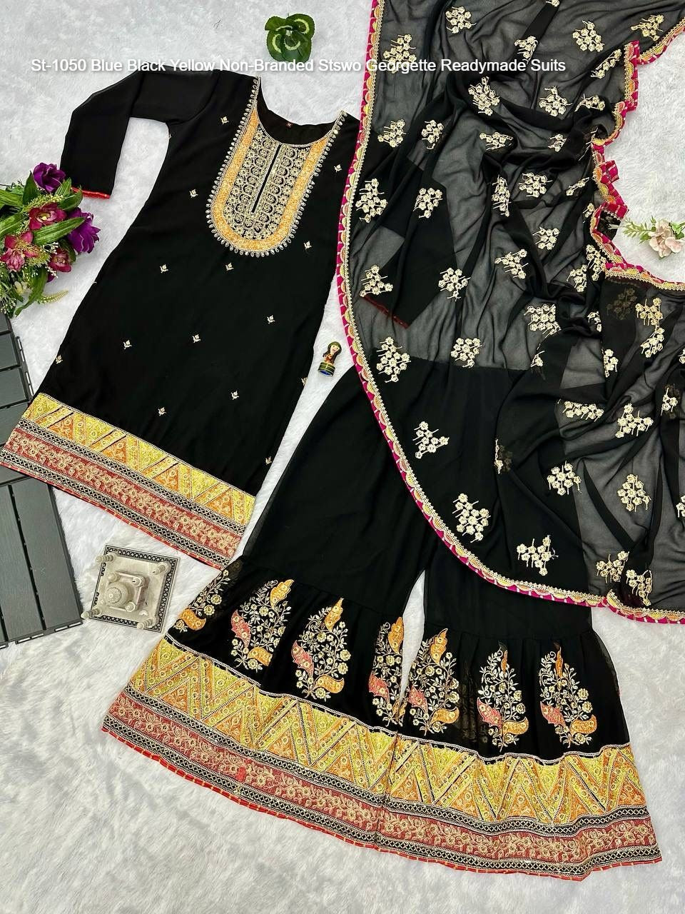 St-1050 Blue Black Yellow Non-Branded Stswo Georgette Readymade Suits