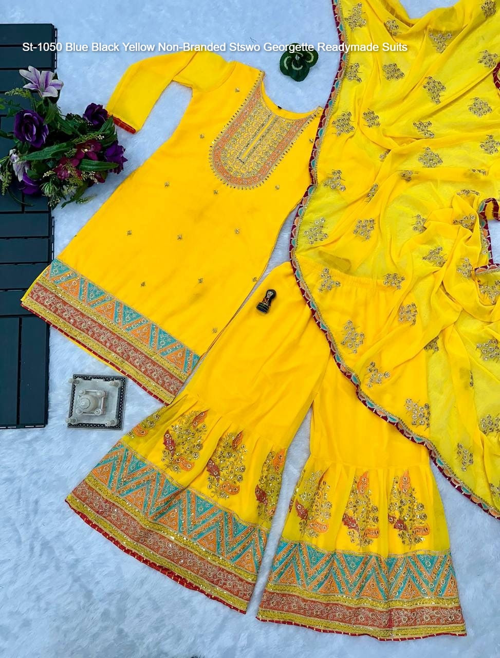 St-1050 Blue Black Yellow Non-Branded Stswo Georgette Readymade Suits