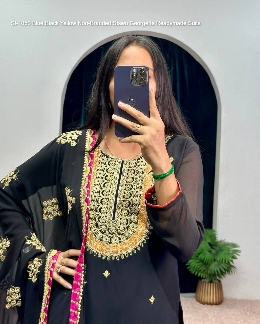 St-1050 Blue Black Yellow Non-Branded Stswo Georgette Readymade Suits