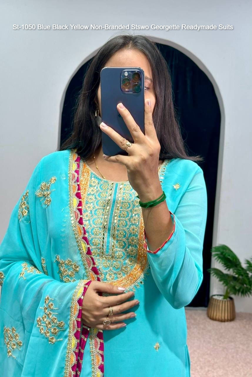 St-1050 Blue Black Yellow Non-Branded Stswo Georgette Readymade Suits