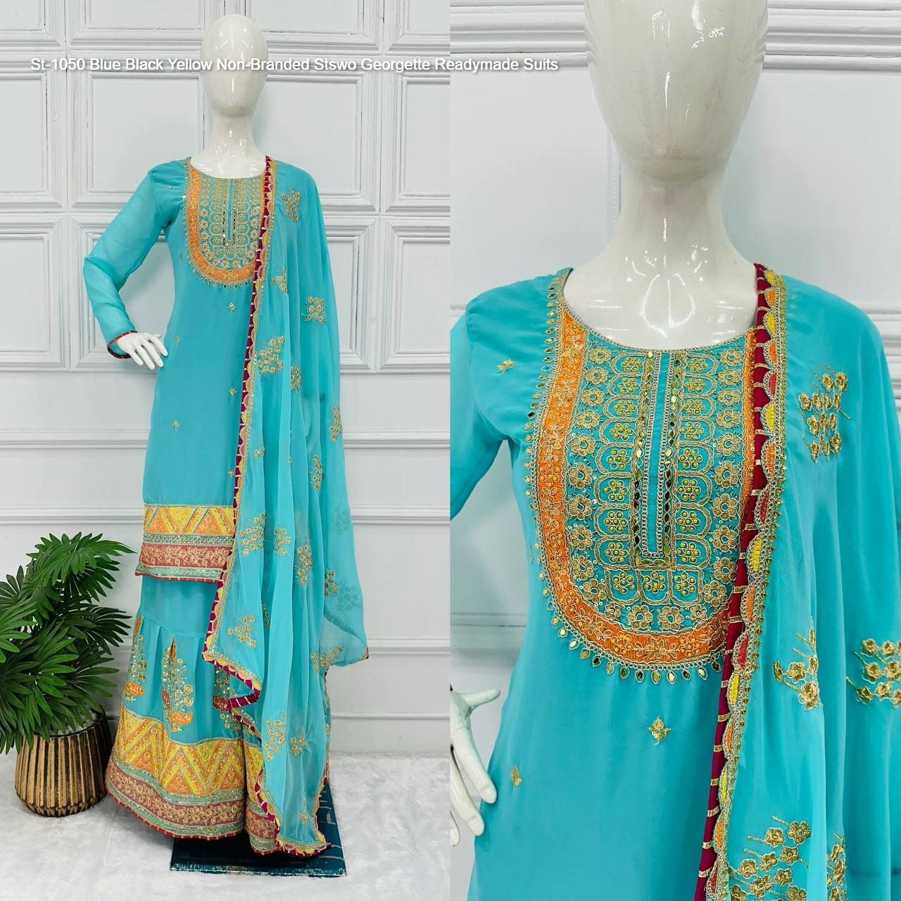 St-1050 Blue Black Yellow Non-Branded Stswo Georgette Readymade Suits