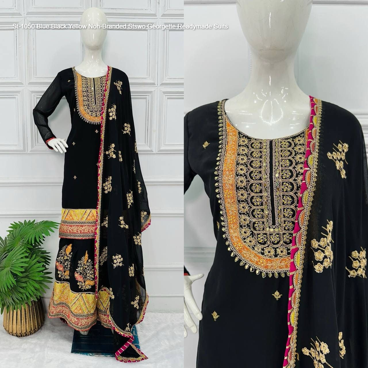 St-1050 Blue Black Yellow Non-Branded Stswo Georgette Readymade Suits