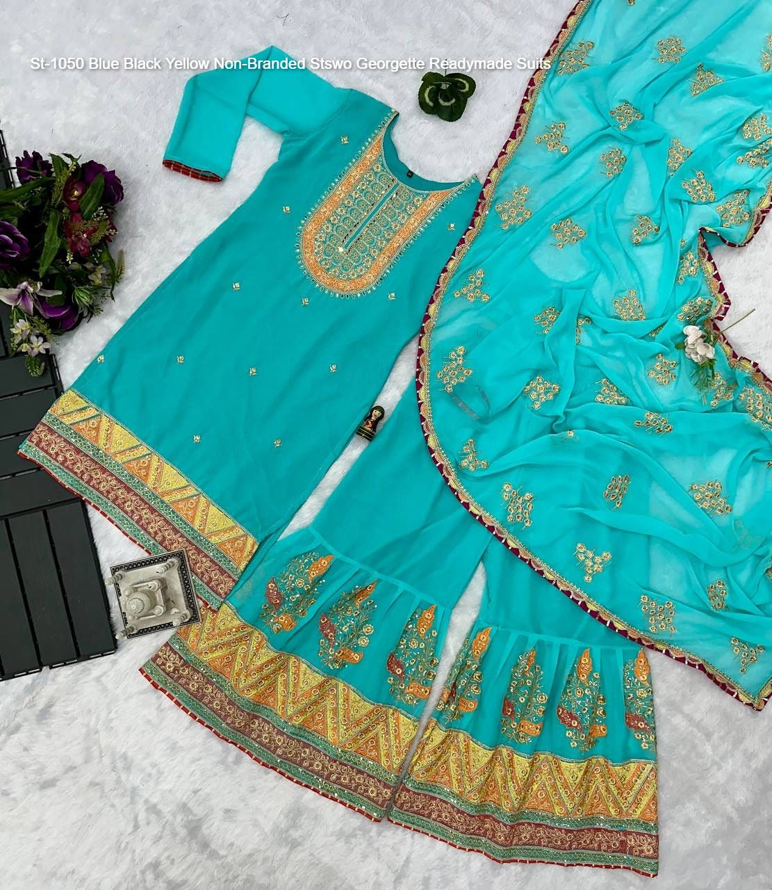 St-1050 Blue Black Yellow Non-Branded Stswo Georgette Readymade Suits