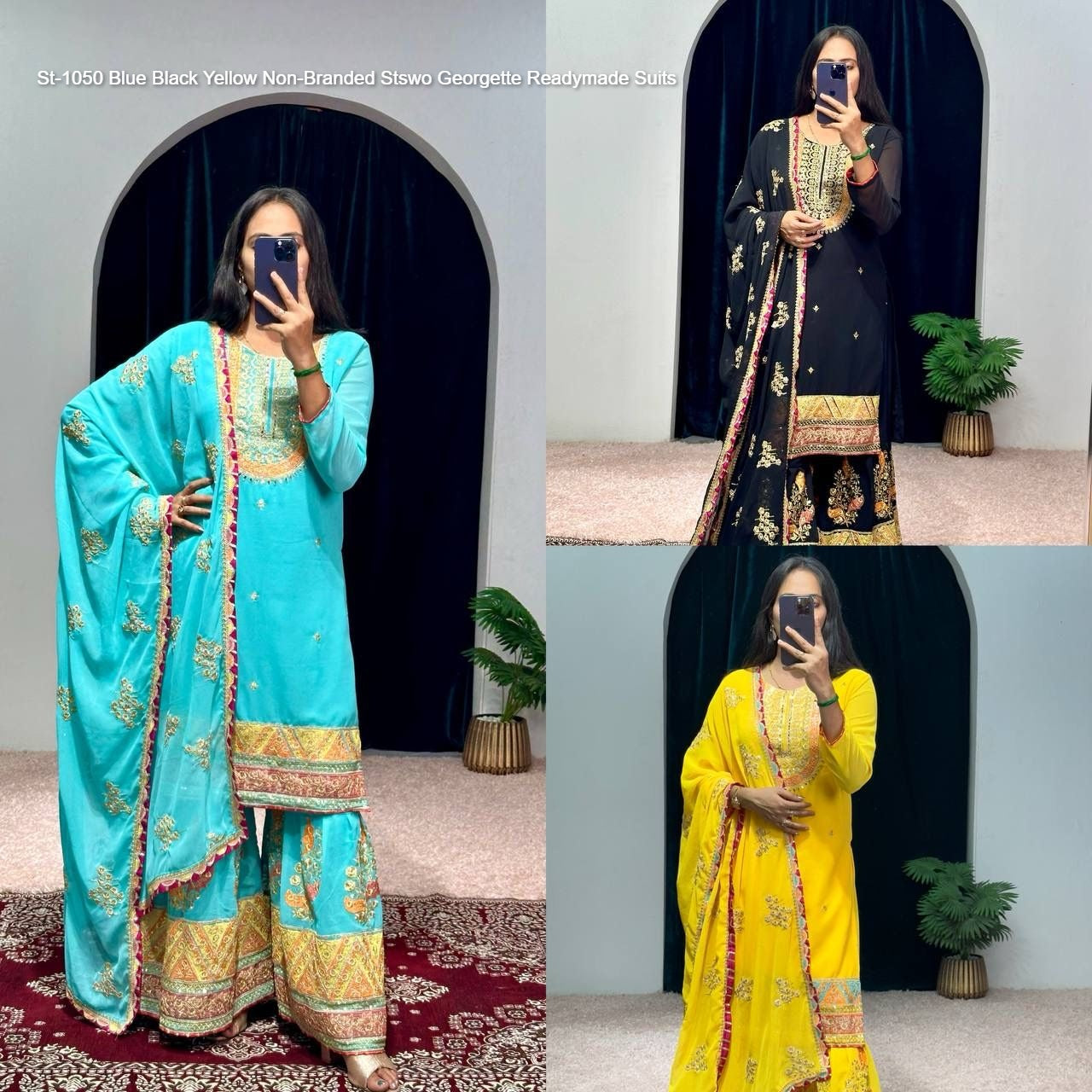 St-1050 Blue Black Yellow Non-Branded Stswo Georgette Readymade Suits